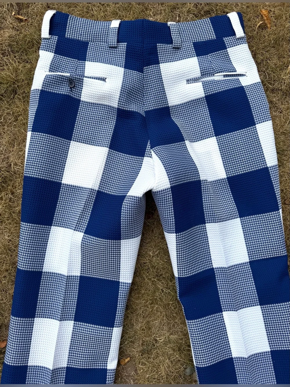 1970s CHECK GOLF PANTS Vintage Trouser Checked Blue & White Polyester Dress L